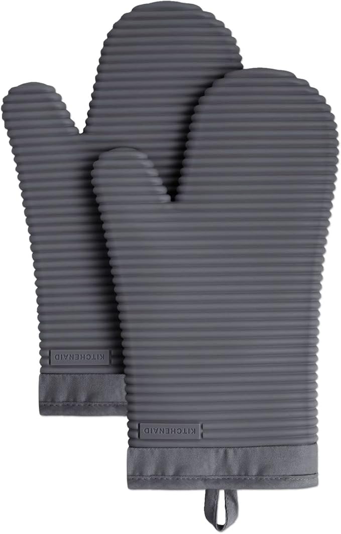 KitchenAid Ribbed Soft Silicone Oven Mitt 2-Pack Set in Charcoal Grey