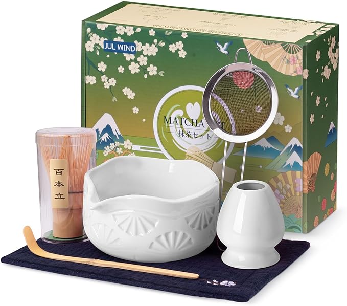 Ceramic matcha whisk set with bowl, bamboo whisk, scoop, and sifter