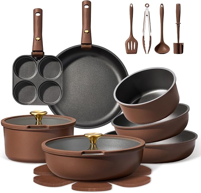 CAROTE 21pcs Pots and Pans Set, Nonstick Cookware Set with Detachable Handle