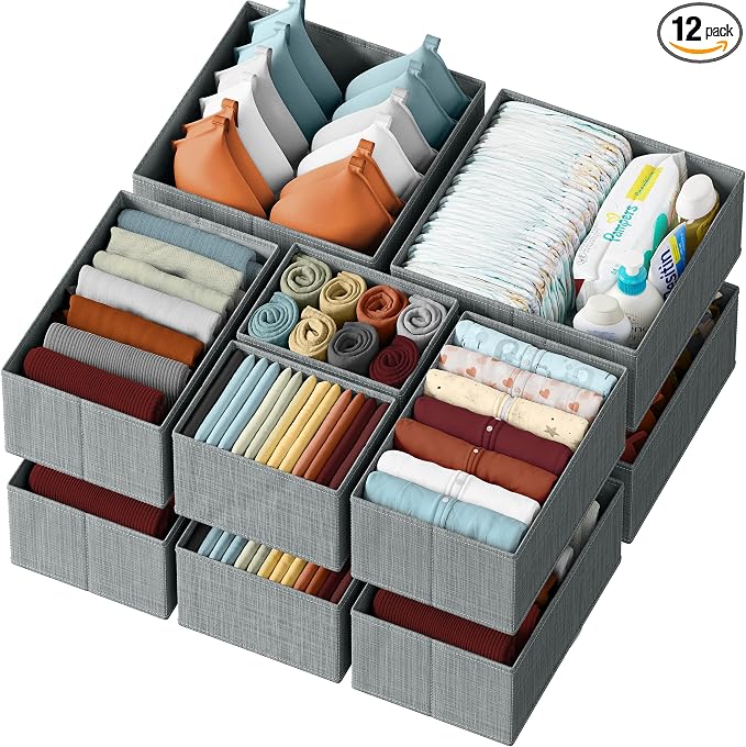 Set of 12 fabric drawer organizers in grey for clothes