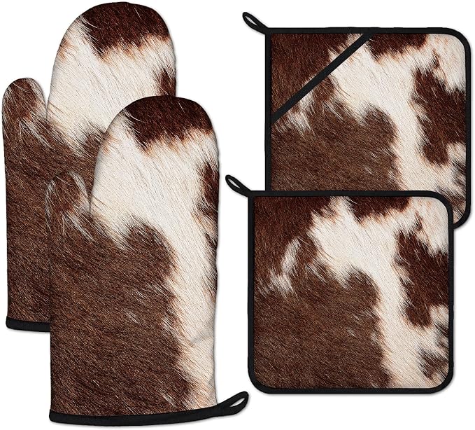 Brown Cow Print Oven Mitts and Pot Holders Set