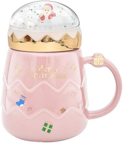 17.6 oz Christmas Mug with Winter Snow Globes Lid Decorations, Large Cute Festive Ceramic Coffee Cup, Winter Xmas Holiday Birthday Tabletop Drinkware Teacup Gifts for Adults Kids Men Women by Peclek