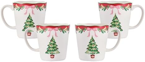 Bico Ribbon Christmas Scalloped Ceramic Mug Set of 4, Christmas Coffee Mugs, 15oz Holiday Cups for Tea, Cocoa, or Hot Drinks, Microwave & Dishwasher Safe by Bico