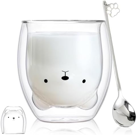 Binoster Bear Cute Mugs Kawaii Double Wall Glass Coffee Tea Mill Yogurt Cup Funny Novelty Gift for Women Her Friends Office Birthday Christmas by WELOCMETOBINOSTER