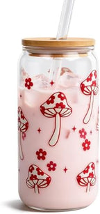 Coquette Cute Glass Cup with Lids and Straws 18OZ Mushroom Iced Coffee Cup by MasonLife