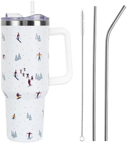 Christmas Tumbler with Handle and Straw Lid 40 oz,Cute Gifts for Women Merry Xmas Tree Skiers Skiing the Mountain Winter Holiday Festival Vacuum Insulated Leak Proof Stainless Steel Coffee Cup Mug by Unknown