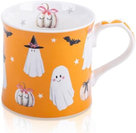 Cute Ghost Halloween Coffee Mug, 12oz Orange Ceramic Coffee Cup with Bow Pumpkins, Bats & Witch Hat Design, Spooky-Cute Holiday Gift for Halloween, Designed in England by Harvest Green Studio by MFoffice