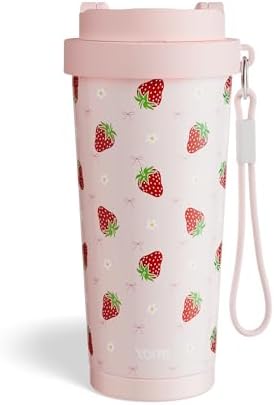YOME 17oz Strawberry Pink Ceramic Lined Insulated Coffee Mug with Infuser for Women Gift | One-handed Pop Open Lid | Stainless Steel |Keep Drinks Cold and Hot| 100% Leak Proof by KEEPCOOLSTAYYOU