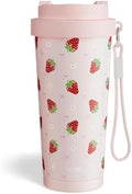 YOME 17oz Strawberry Pink Ceramic Lined Insulated Coffee Mug with Infuser for Women Gift | One-handed Pop Open Lid | Stainless Steel |Keep Drinks Cold and Hot| 100% Leak Proof by KEEPCOOLSTAYYOU