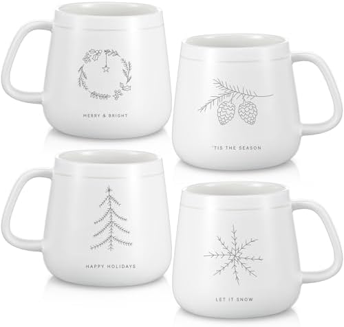 Newtay 4 Pcs Christmas Mugs White Ceramic Winter Snowflake Tree Holiday by Newtay