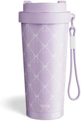 YOME 17oz Elegant Purple Bow Ceramic Lined Insulated Coffee Mug with Infuser for Women Gift | One-handed Pop Open Lid | Stainless Steel |Keep Drinks Cold and Hot| 100% Leak Proof by KEEPCOOLSTAYYOU
