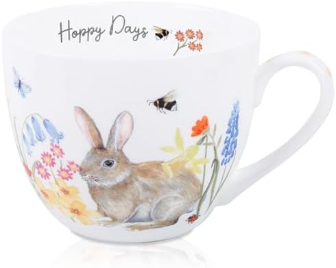 20 oz Bunny Coffee Mug with Spring Flowers & Happy Days Slogan, Premium Bone China Rabbit Coffee Cup, Cute Garden Gift for Women, Family&Friends, Designed in England by Harvest Green Studio by MFoffice