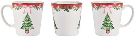 Bico Ribbon Christmas Scalloped Ceramic Mug Set of 4, Christmas Coffee Mugs, 15oz Holiday Cups for Tea, Cocoa, or Hot Drinks, Microwave & Dishwasher Safe - Image 3