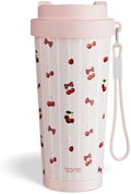 YOME 17oz Stripe Cherry Pink Ceramic Lined Insulated Coffee Mug with Infuser for Women Gift | One-handed Pop Open Lid | Stainless Steel |Keep Drinks Cold and Hot| 100% Leak Proof by KEEPCOOLSTAYYOU