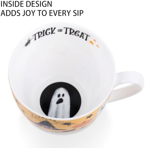 Orange Halloween Mug – 20oz Bone China Coffee Mug with Black Cat, Ghost, Pumpkin & Bat, Perfect Fall Gift for Halloween Lovers, Designed in England by Harvest Green Studio - Image 5