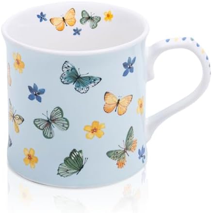 Colorful Butterfly & Floral Coffee Mug – 12 oz Premium New Bone China Blue Tea Cup, Elegant Ceramic Mug Gift for Women, Mom & Butterfly Lovers – Designed in England by Harvest Green Studio by MFoffice