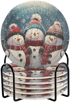 YETTASBIN Christmas Snowman 6 Pcs Drink Coasters with Holder, Cotton Woven Absorbent Heat-Resistant Round Coaster Set Tabletop Protector for Kitchen Bar Home Decor Housewarming Gift, 3.9 in by Unknown