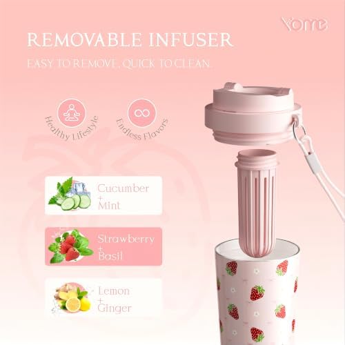 YOME 17oz Strawberry Pink Ceramic Lined Insulated Coffee Mug with Infuser for Women Gift | One-handed Pop Open Lid | Stainless Steel |Keep Drinks Cold and Hot| 100% Leak Proof - Image 4