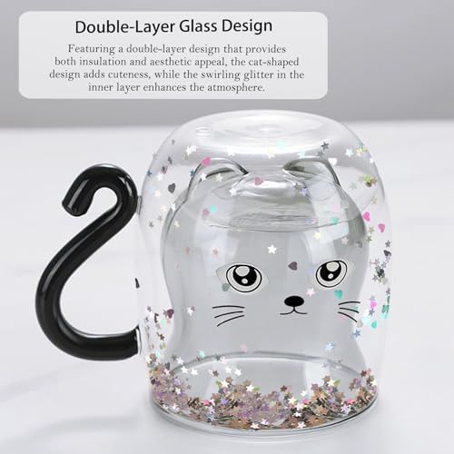 Glittery Black Cat Double Walled Glass Coffee Mugs Coffee Cup Birthday Gift - Image 4
