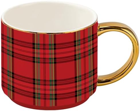 Sweet Water Decor Red Plaid Coffee Mug, 14oz China Christmas Mug with Gold Handle, Large Holiday Winter Cup for Coffee, Tea & Hot Chocolate, Stocking Stuffer Gifts for Women by SweetWaterDecor