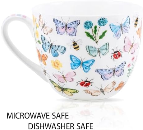 Colorful Butterfly Mug - 20oz Bone China Coffee Tea Hug Mug with Multicolor Butterflies, Ladybugs, Bees & Blooms, Perfect Gifts for Mom Women Mothers Day, Designed in England by Harvest Green Studio - Image 4