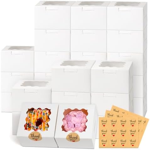 26pcs White Cookie Boxes with Window, 4x4x2.5 Inch, 36pcs Stickers by Unknown