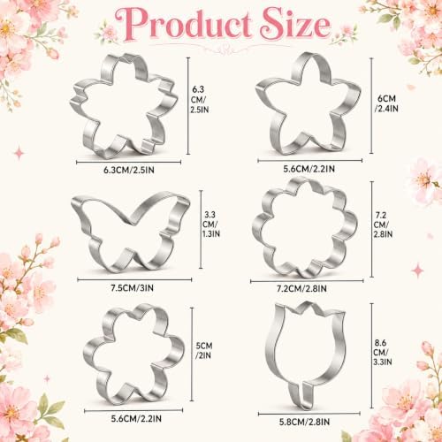 Flower Cookie Cutter Set, 6 PCS Tulip, Cherry Blossom, Frangipani, Daisy, Sunflower, Butterfly, Stainless Steel Holiday Cookie Cutter Shapes for Baking Biscuit Molds - Image 2