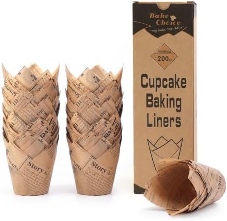 Bake Choice 200pc Standard Tulip Cupcake Liners for Baking, Newspaper Print by BakeChoice