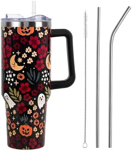 Halloween Tumbler with Lid and Straw 40oz,Fall Skulls Ghost Pumpkins Flower Vacuum Insulated Leak Proof Tumbler,Goth Cute Spooky Gift Women Girls,Thanksgiving Accessories Stainless Steel Coffee Cup by Unknown