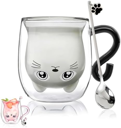 Black Cat Mug Cute Mug with Handle Double Walled Coffee Mugs Kawaii Cat Presents for Women Glass Mugs Tea Cup Cute Birthday Gifts for Cat Lovers Ideas Halloween Christmas by WELOCMETOBINOSTER