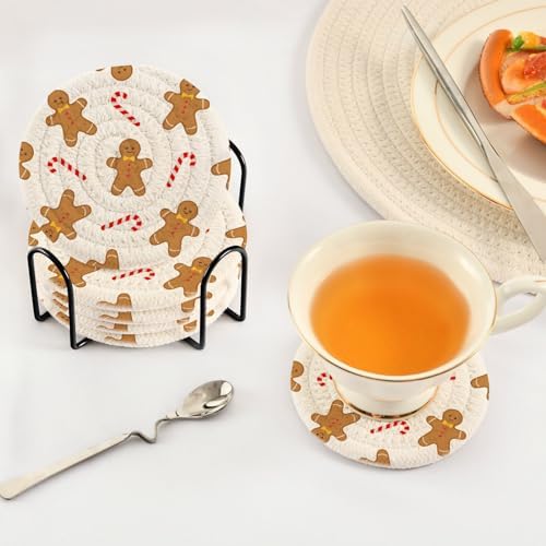 YETTASBIN Christmas Gingerbread Man 6 Pcs Drink Coasters with Holder, Cotton Woven Absorbent Heat-Resistant Round Coaster Set Tabletop Protector for Kitchen Bar Home Decor Housewarming Gift, 3.9 in - Image 5