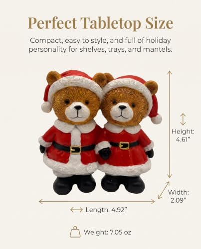 Christmas Decoration Indoor Duo Teddy Bear Figurine - Resin Santa Bears Couple Statue, Festive Winter Tabletop Decor, Holiday Mantel Tiered Tray Accent for Home Decor - Image 4