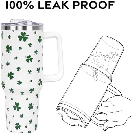 St Patricks Day Gifts 40 oz Tumbler with Handle and Straw Lid,Cute Green Lucky Clover Shamrock Spring Gift for Women Men Vacuum Insulated Leak Proof Stainless Steel Coffee Cup Mug - Image 4