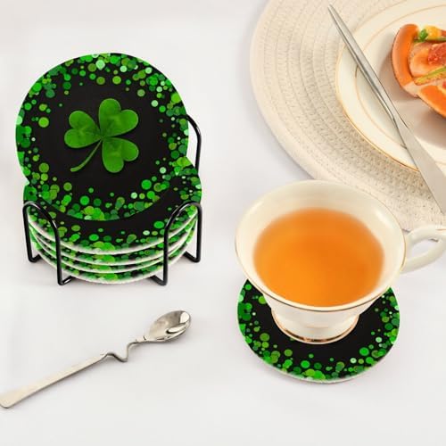 YETTASBIN St. Patrick's Day Shamrock 6 Pcs Drink Coasters with Holder, Cotton Woven Absorbent Heat-Resistant Round Coaster Non-Slip Table Mat for Kitchen Bar Home Decor Housewarming Gift, 3.9 in - Image 5
