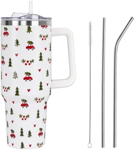 Christmas Tumbler with Handle and Straw Lid 40 oz,Cute Merry Xmas Tree Red Car Gifts for Women Vacuum Insulated Leak Proof Tumbler,Winter Holiday Accessories Stainless Steel Coffee Cup Mug by Unknown