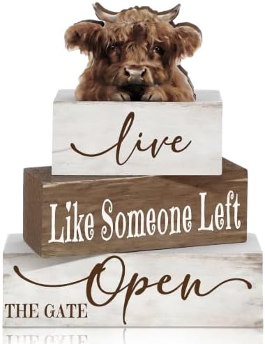 Moucuny 4 Pcs Christmas Table Sign Christmas Wooden Decorative Signage Winter Tiered Tray Decor Winter Centerpieces Farmhouse Wooden Block Set Xmas Table Sign for Home, Highland Cattle by Moucuny