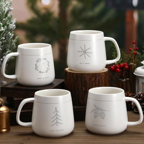 Newtay 4 Pcs Christmas Mugs White Ceramic Winter Snowflake Tree Holiday - Image 3