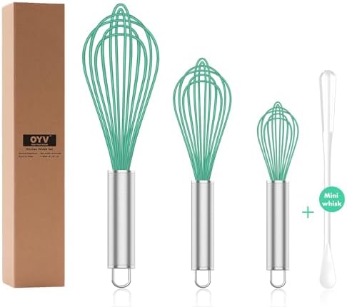 Teal Silicone Whisk Set of 3, 8/10/12 Inch, Non-Scratch, Aqua by OYV