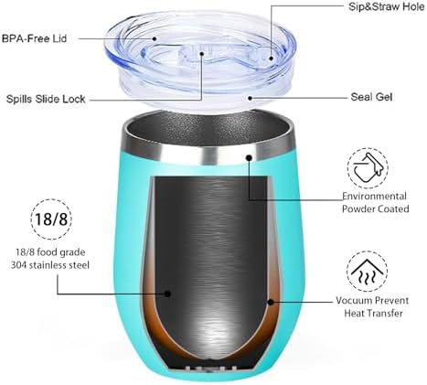 MEZMUT 12 Oz Insulated Wine Tumbler with Lid Double Wall Vacuum Stainless Steel Wine Glass Coffee Mug Insulated Tumbler Cup for Champaign, Cocktail, Beer (Teal, 1 Pack) - Image 6
