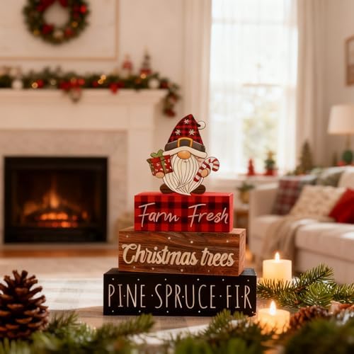 4 Pcs Christmas Decorations Indoor - Wooden Gnome Gift Table Decoration for Home - Christmas Centerpiece For Table - Winter Tiered Tray Decor Rustic Farmhouse Xmas Gift for Home Kitchen Mantel - Image 6