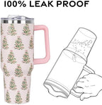 Christmas Tumbler with Handle and Straw Lid 40 oz,Cute Pink Merry Xmas Tree Gifts for Women Vacuum Insulated Leak Proof Tumbler,Winter Holiday Accessories Stainless Steel Coffee Cup Mug - Image 4
