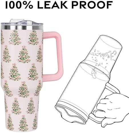 Christmas Tumbler with Handle and Straw Lid 40 oz,Cute Pink Merry Xmas Tree Gifts for Women Vacuum Insulated Leak Proof Tumbler,Winter Holiday Accessories Stainless Steel Coffee Cup Mug - Image 4