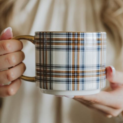 Sweet Water Decor Orange & Navy Plaid Coffee Mug, 14oz Fine Bone China Cup - Image 4