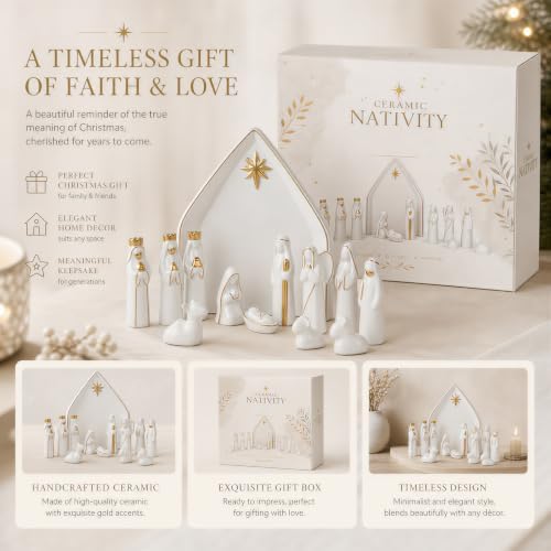 Ceramic 13Pcs Nativity Scene Set with Gold Trim - Image 5