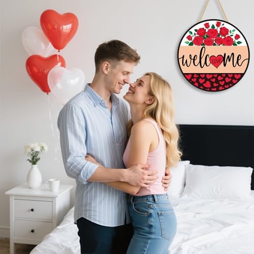 Valentines Day Decorations - Wreath Welcome Sign for Front Door | Rustic Round Wood Wreaths,Heart Rose Garland Outdoor Indoor - Valentines Decor Party Favors Supplies for Door Wall Room Porch Kitchen - Image 6