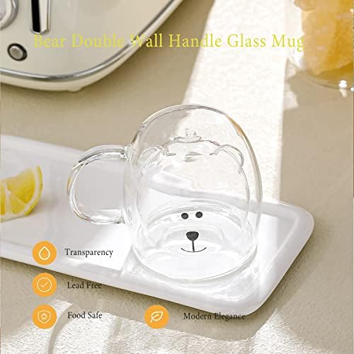 Binoster Bear Cute Mugs Kawaii Double Wall Glass Coffee Tea Mill Yogurt Cup Funny Novelty Gift for Women Her Friends Office Birthday Christmas (Bear with handle) - Image 7