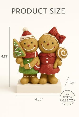 Christmas Gingerbread Couple Resin Figurine – Hand-Painted Holiday Décor, Boy with Tree Cookie & Girl with Bow and Swirl Lollipop, Tabletop/Mantel Accent (Brown Gingerbread) - Image 5