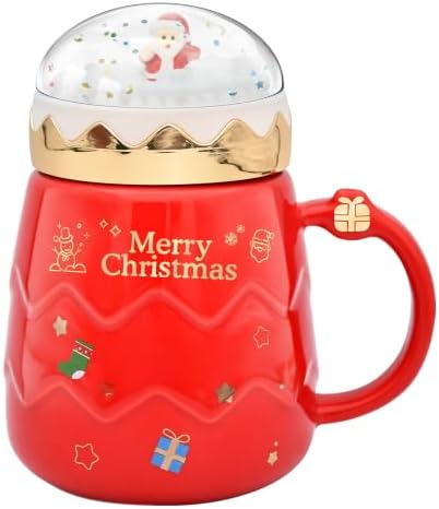 17.6 oz Christmas Mug with Winter Snow Globes Lid Decorations, Large Cute Festive Ceramic Coffee Cup, Winter Xmas Birthday Tabletop Drinkware Teacup Gifts for Adults Kids Men Women (Red) by Peclek