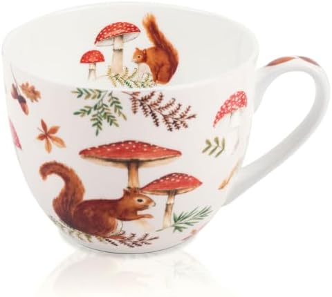 Autumn Squirrel Mug – 20oz Bone China Coffee Mug, Cozy Fall Mushroom Forest Design, Gift for Nature Lovers and Friends, Designed in England by Harvest Green Studio by MFoffice