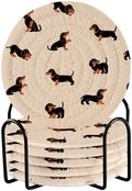 YETTASBIN Cute Dachshund Dog 6 Pcs Drink Coasters with Holder, Cotton Woven Absorbent Heat-Resistant Round Coaster Non-Slip Table Mat for Kitchen Bar Home Decor Housewarming Gift, 3.9 in by Unknown